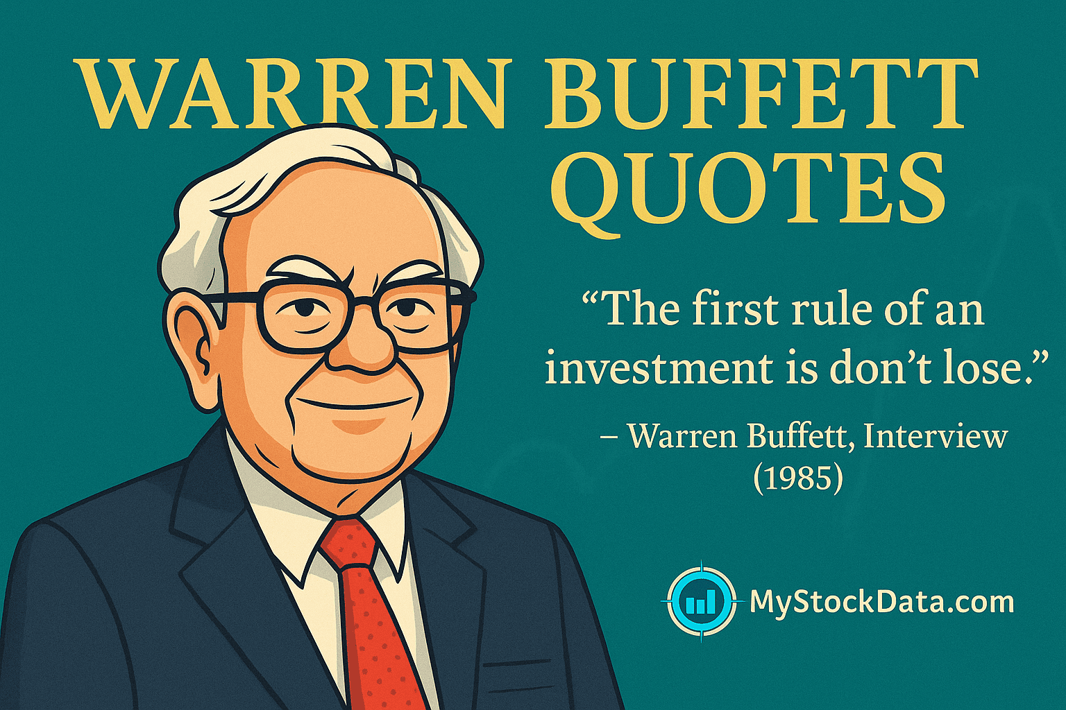 Cartoon illustration of Warren Buffett with the quote 'The first rule of an investment is don't lose' and MyStockData.com logo, summarizing investing wisdom.