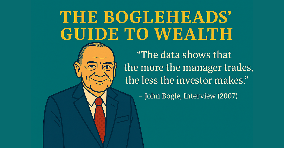 Illustration of John Bogle with quote about investment strategy from The Bogleheads' Guide to Wealth