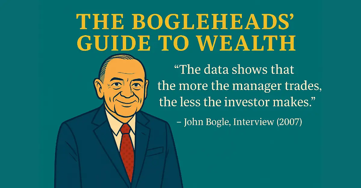 Illustration of John Bogle with quote about investment strategy from The Bogleheads' Guide to Wealth